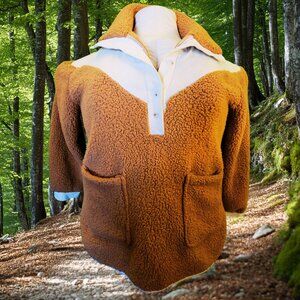 ePretty Chicago Sherpa Fleece Pullover L Camel Brown Henley Cozy Jacket Sweater